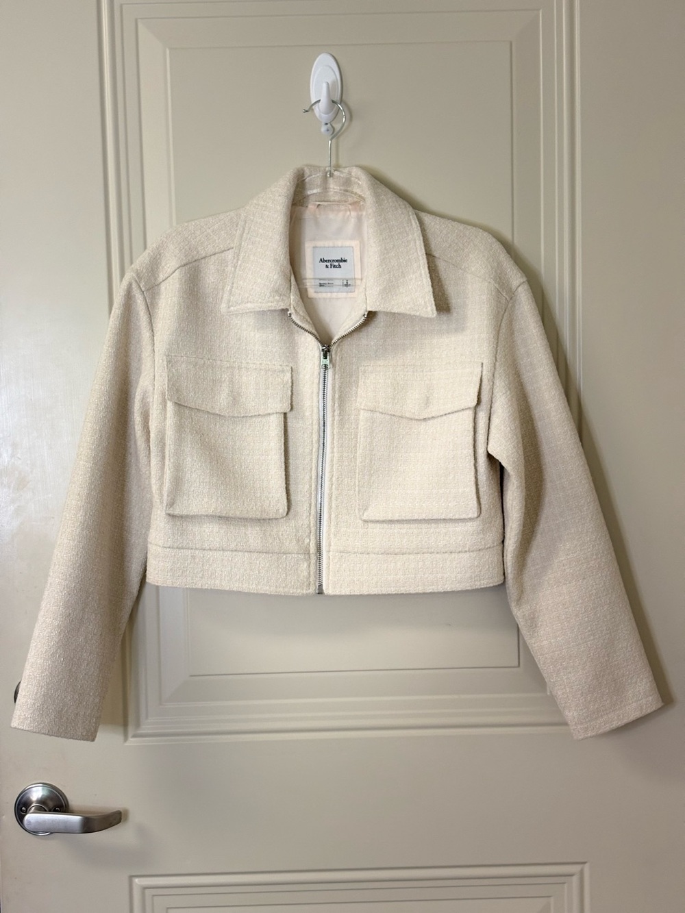 Abercrombie & Fitch Ivory Cream Cropped Zip Jacket Pockets SZ S EUC